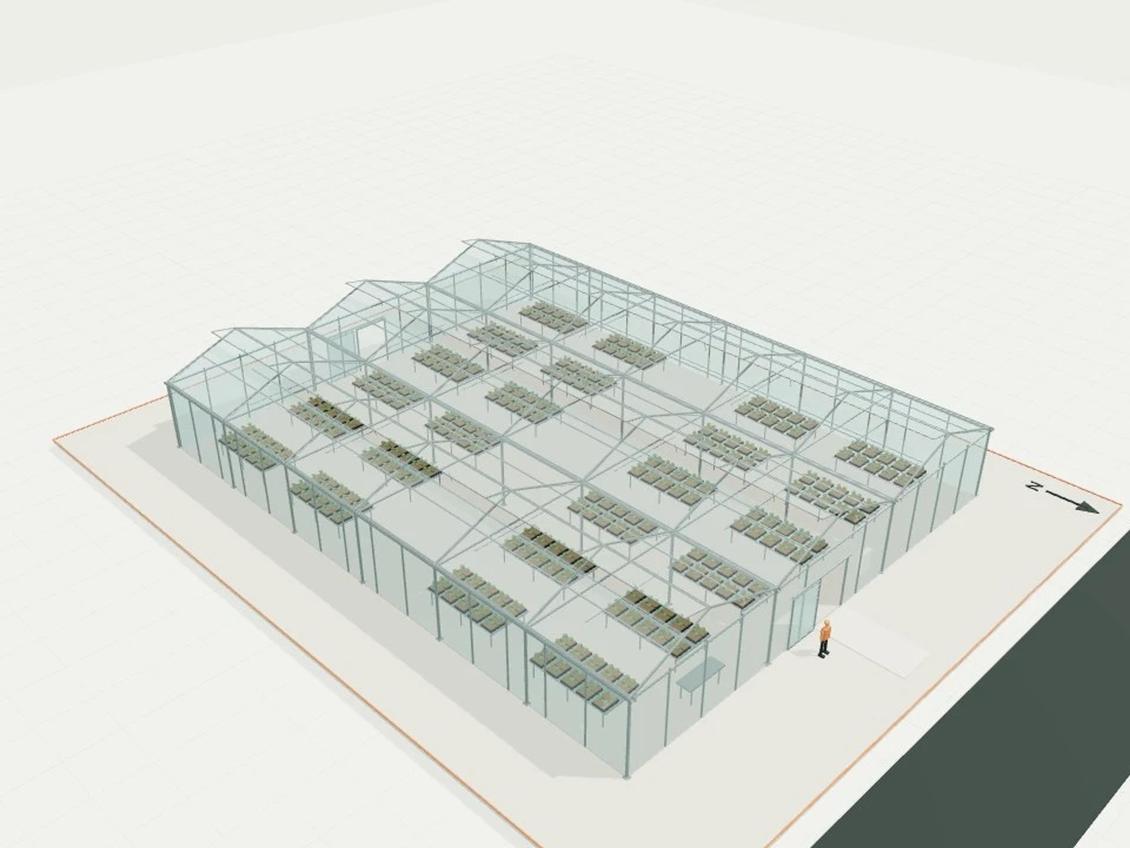 Three-bay gutter-connected glasshouse + 24 crop tables