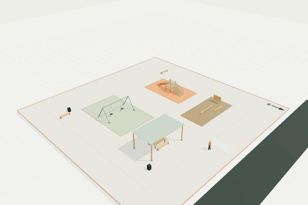 Outdoor play room, separated slide + swing + balance + shaded seating