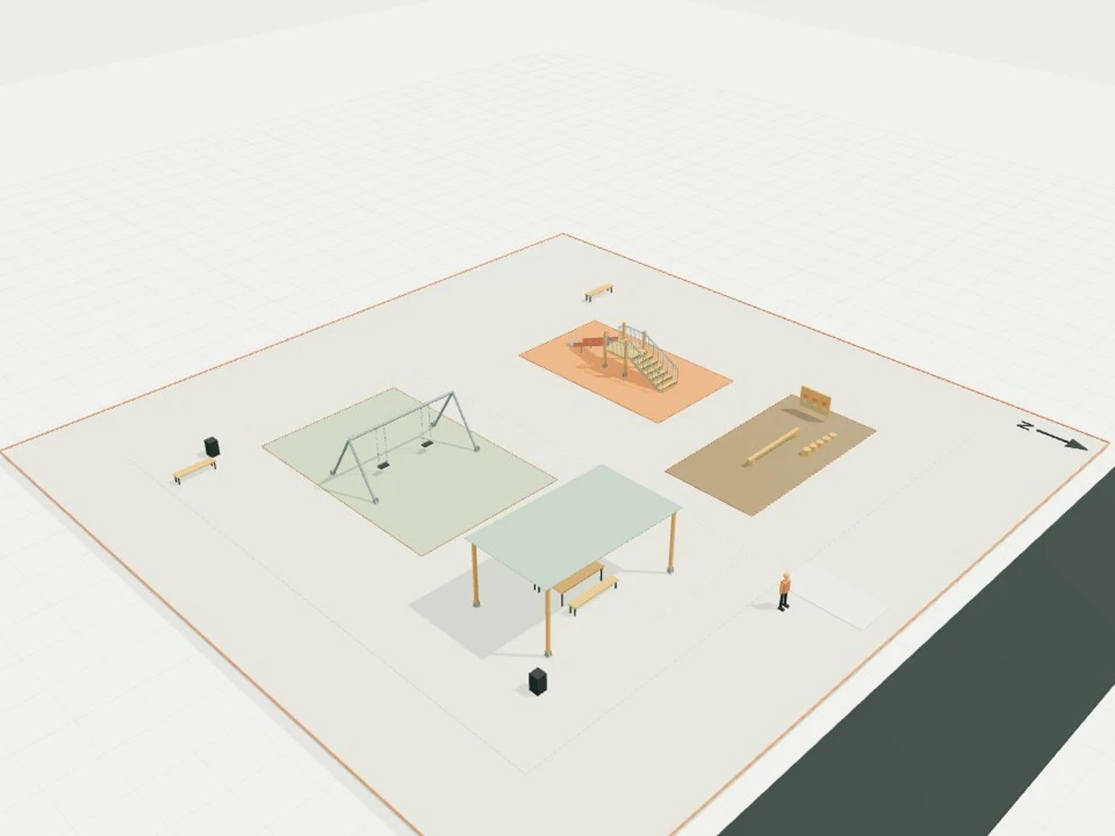 Outdoor play room, separated slide + swing + balance + shaded seating