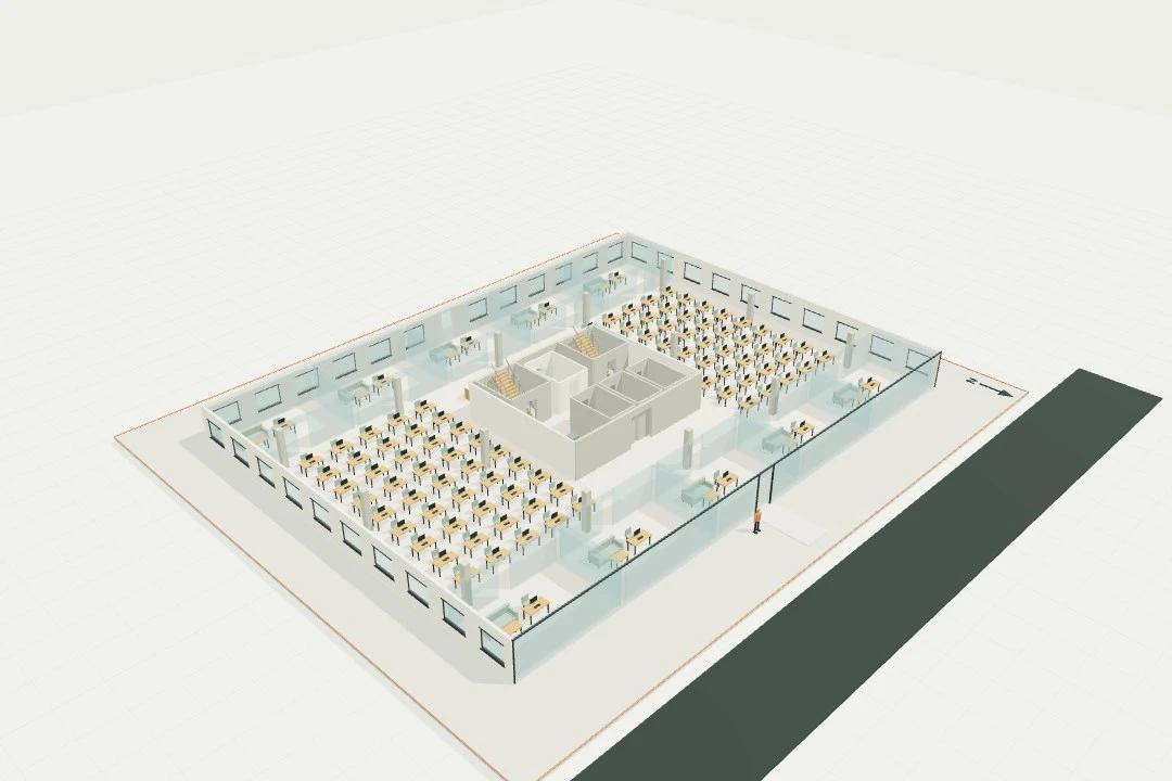 Corporate office floor, 1,200 m², 100 desks