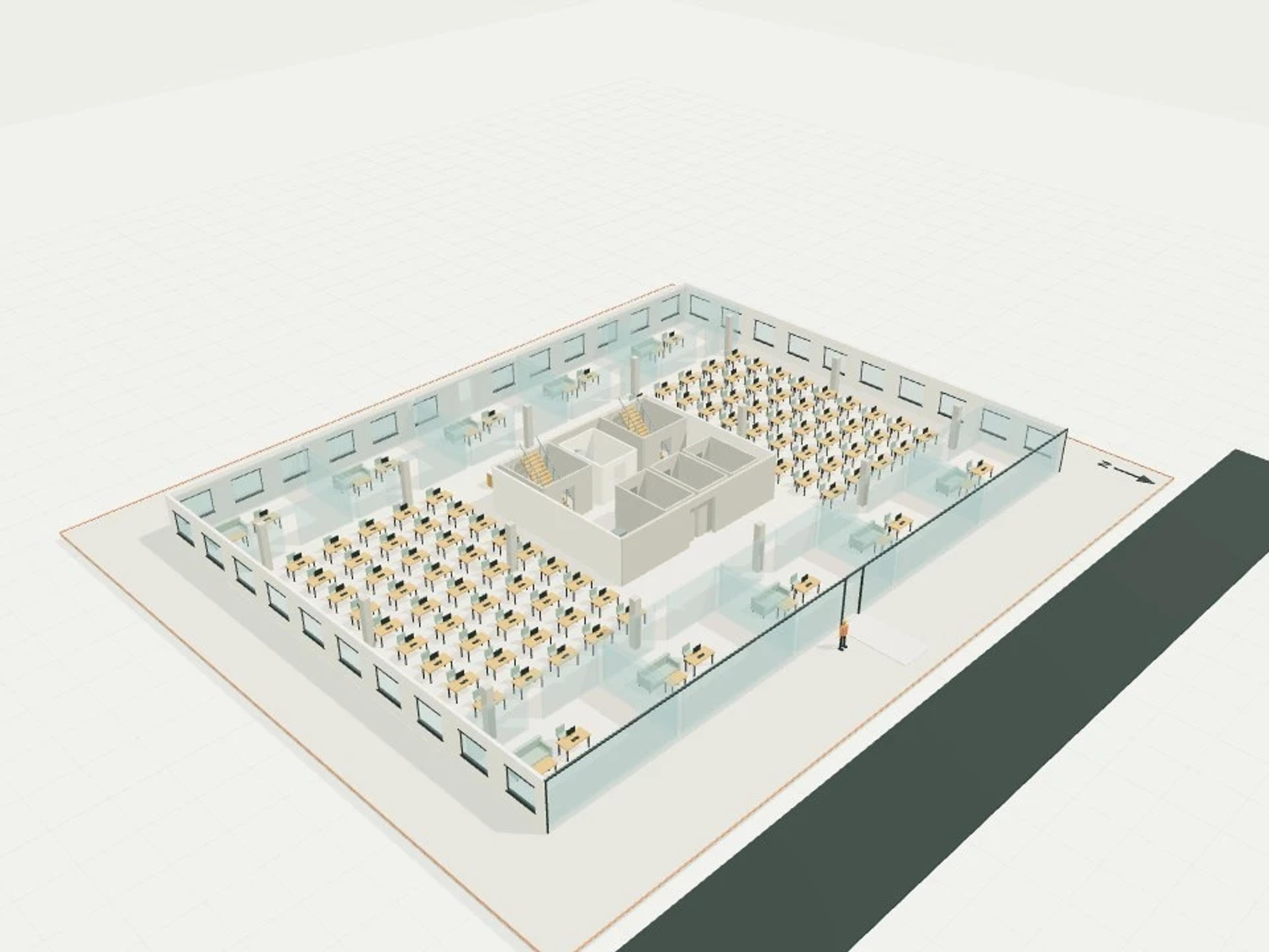 Corporate office floor, 1,200 m², 100 desks