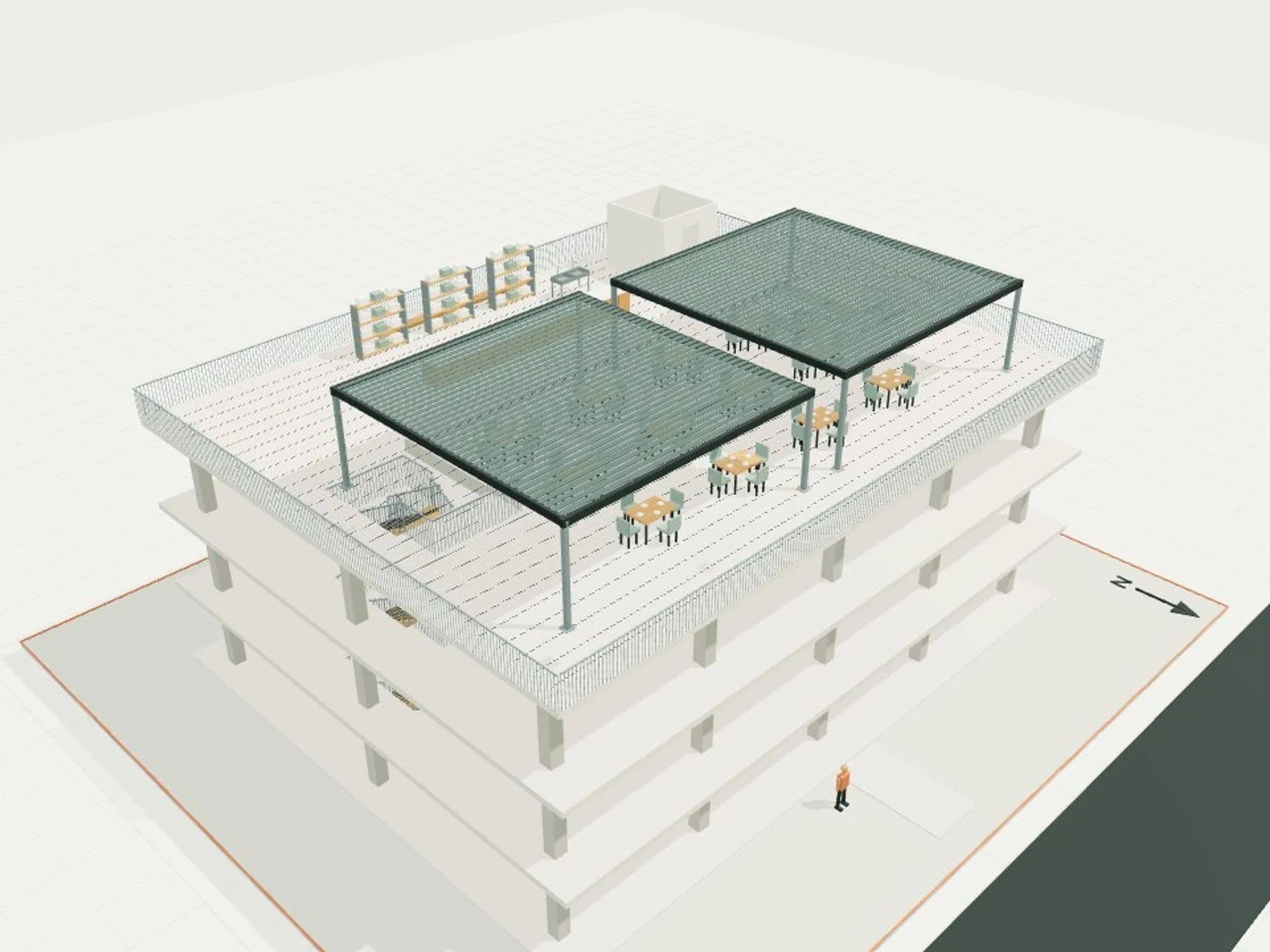 Rooftop bar on a three-storey host structure