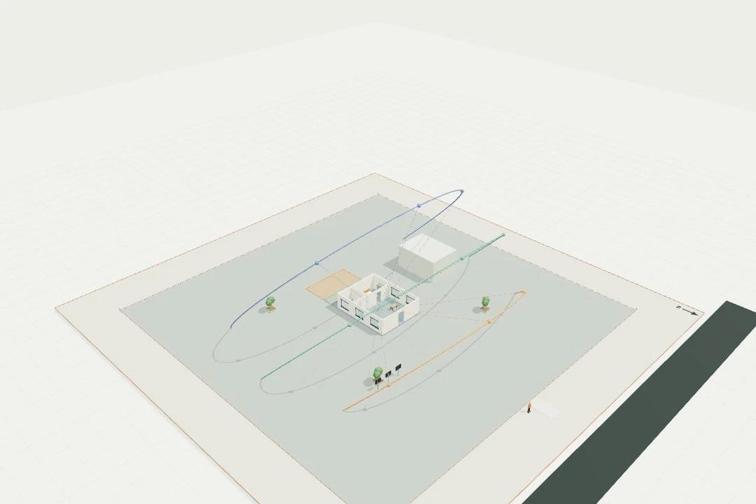 Solar-hour rig, seasonal paths and calculated shadow footprints
