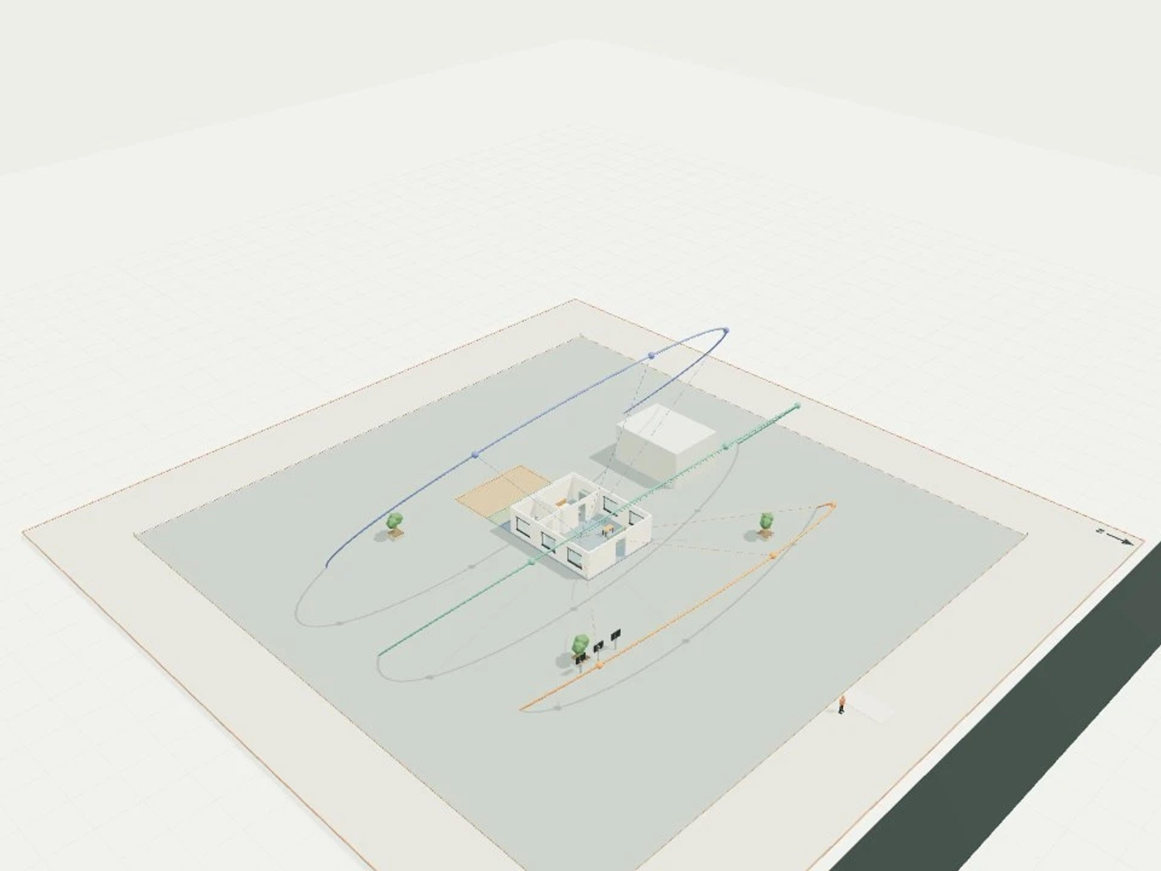 Solar-hour rig, seasonal paths and calculated shadow footprints