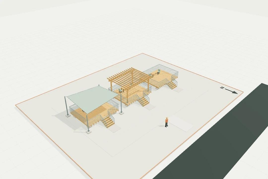 Outdoor structures, detailed deck + pergola + tensioned shade