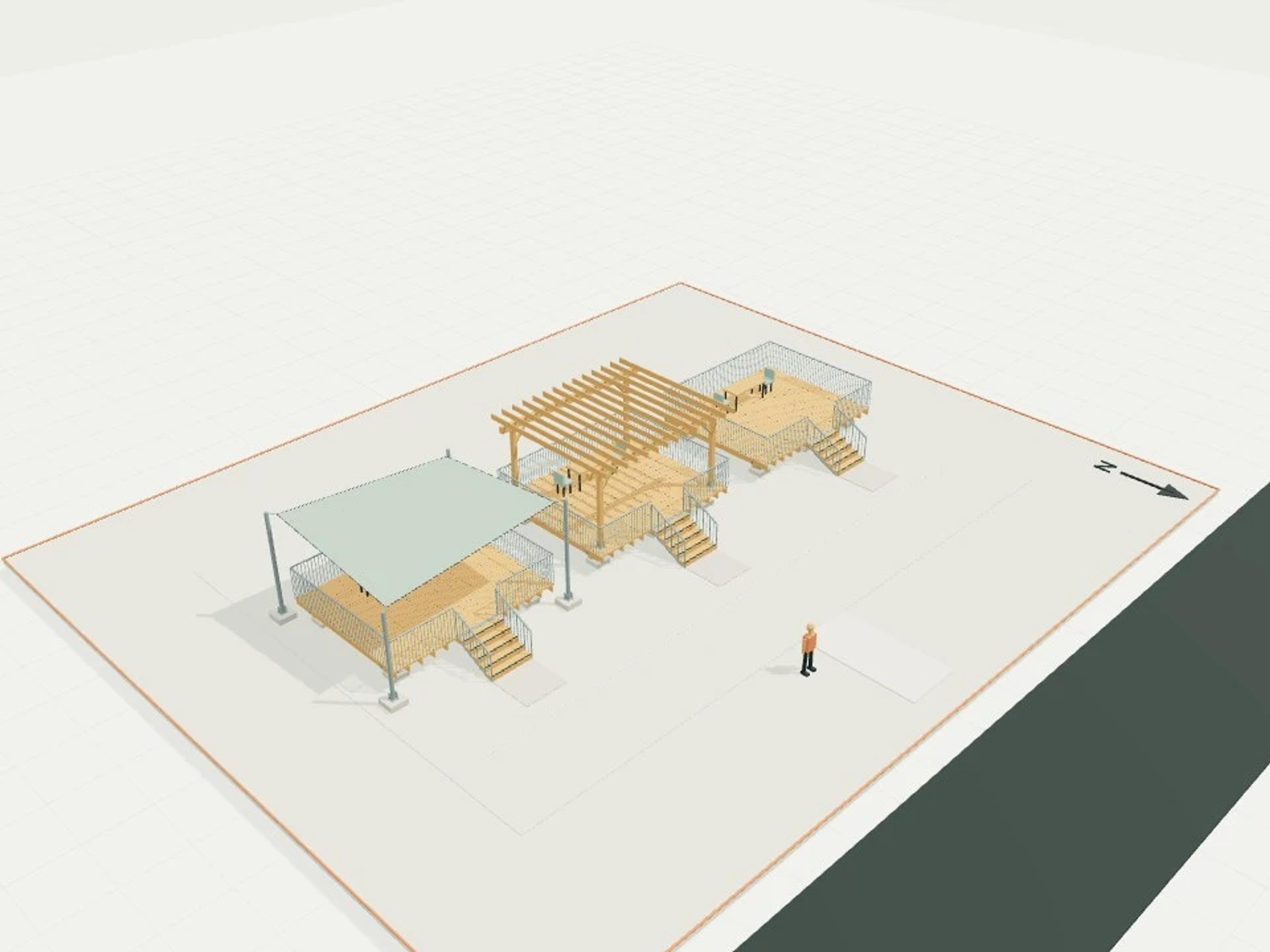 Outdoor structures, detailed deck + pergola + tensioned shade