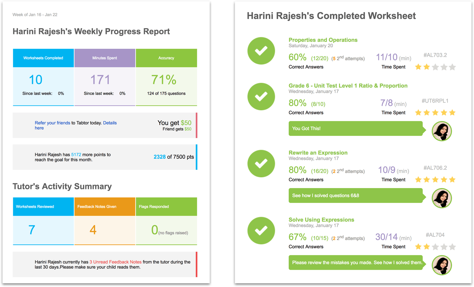 Thinkster Student Progress Report