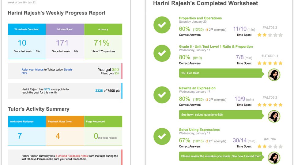 Thinkster Student Progress Report