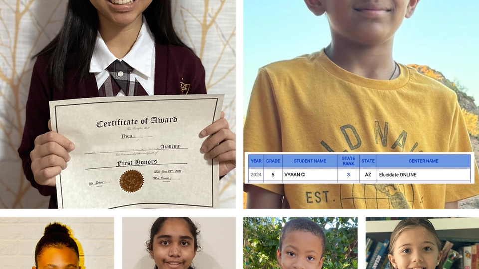 Thinkster students holding up awards and test scores to demonstrate the incredible things they have accomplished.