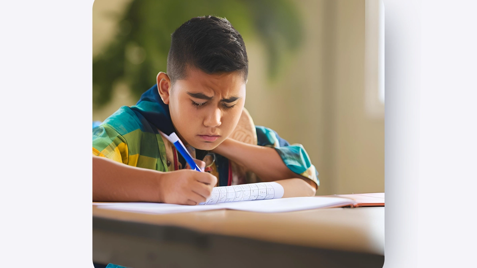 Boy struggling on math homework.