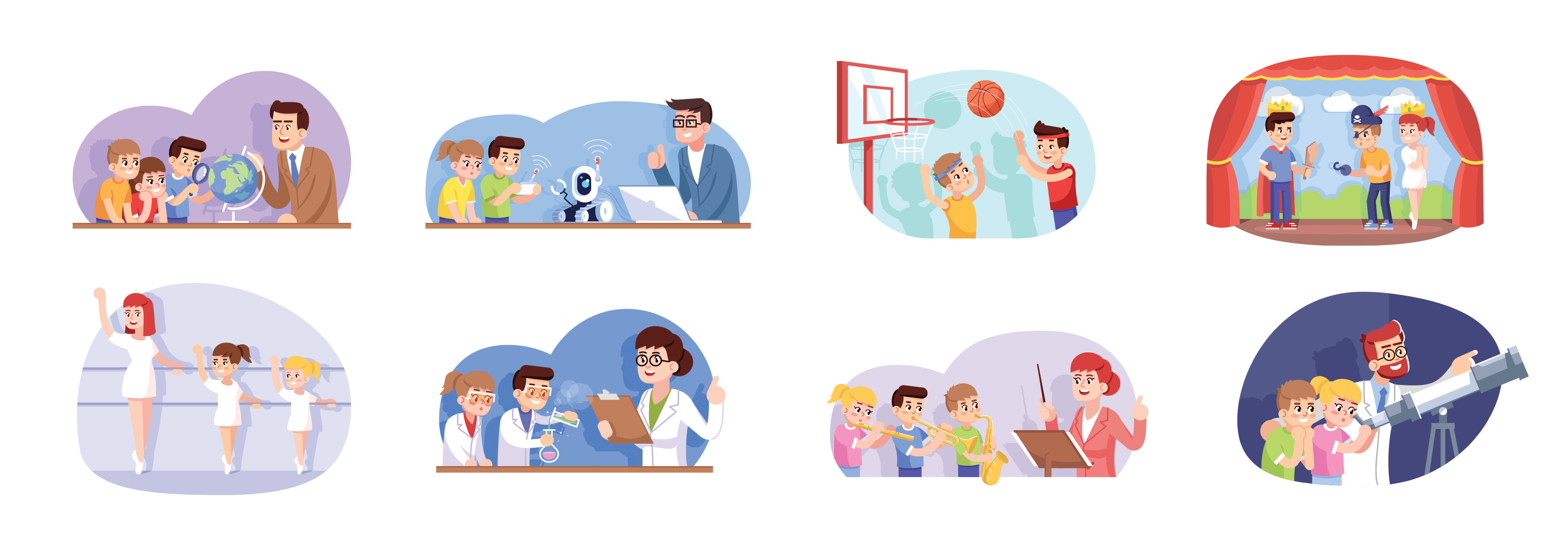 Cartoon bubbles show different extracurricular activities.