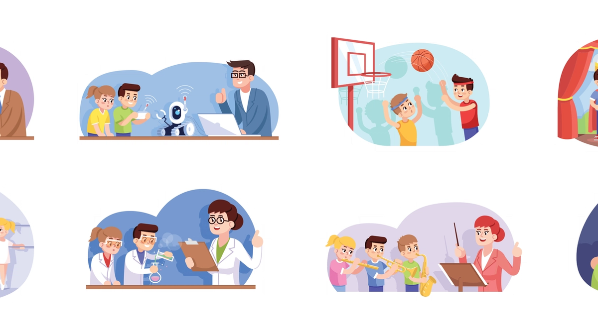 Cartoon bubbles show different extracurricular activities.