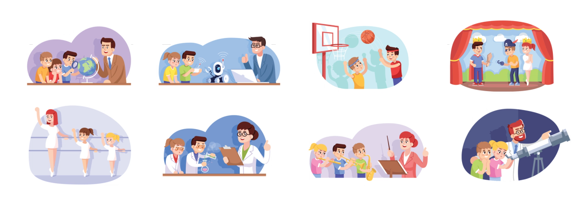 Cartoon bubbles show different extracurricular activities.