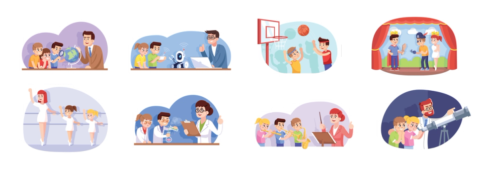 Cartoon bubbles show different extracurricular activities.