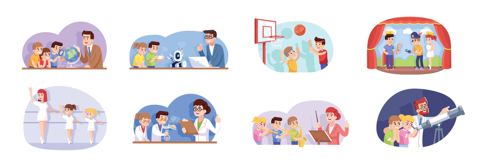 Cartoon bubbles show different extracurricular activities.