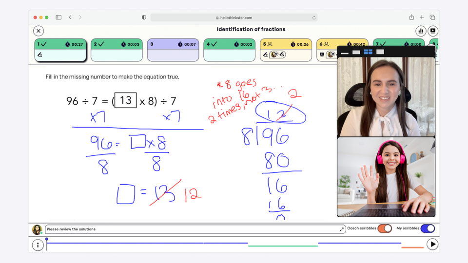 Thinkster tutor using an interactive whiteboard during an online math tutoring session with a student.