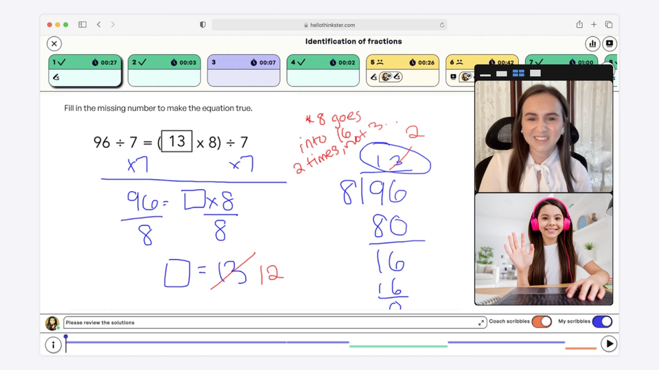 Thinkster tutor using an interactive whiteboard during an online math tutoring session with a student.