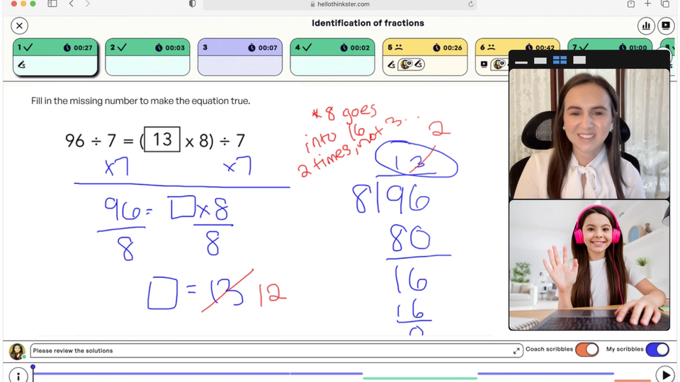 A girl and her Thinkster math tutor attend a whiteboard tutoring session.