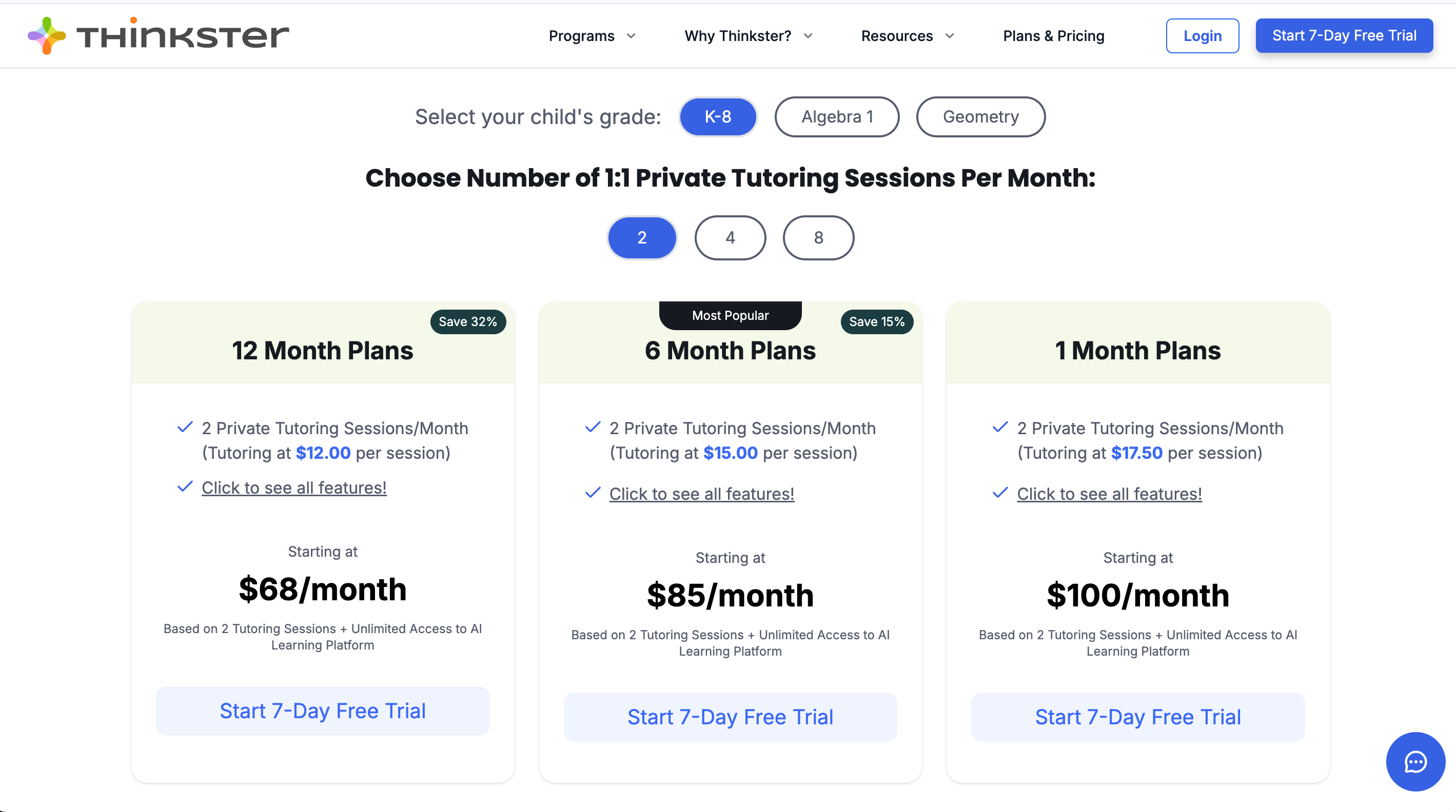 Thinkster Math Pricing Plans