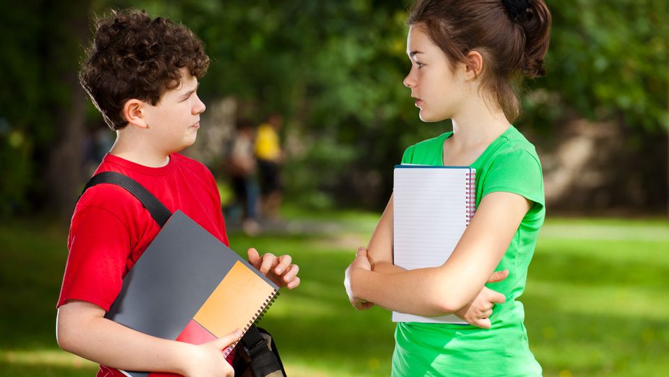 Two children talk after school