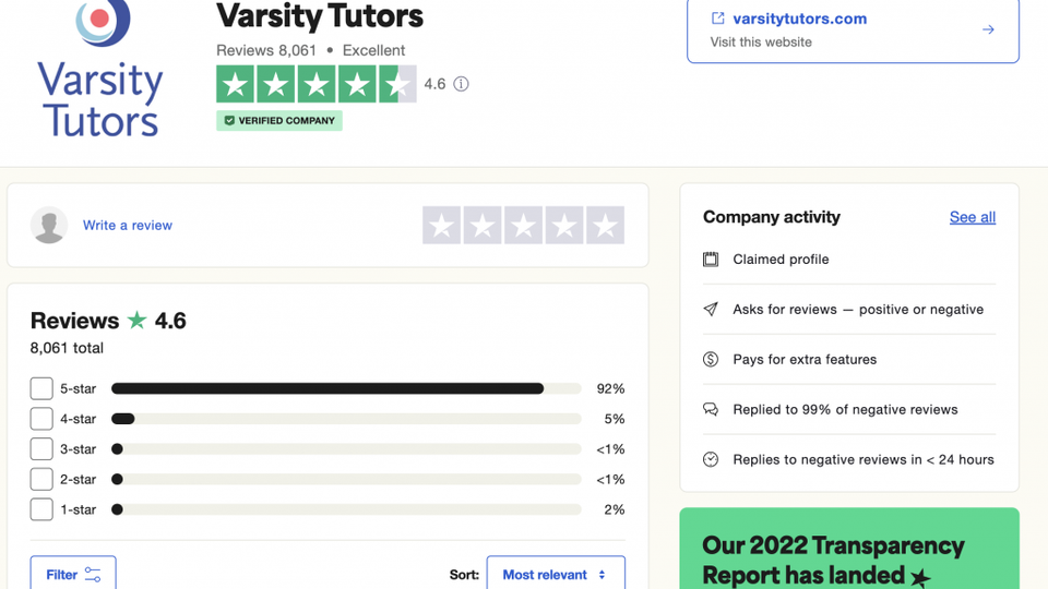 Varsity Tutors TrustPilot Rating