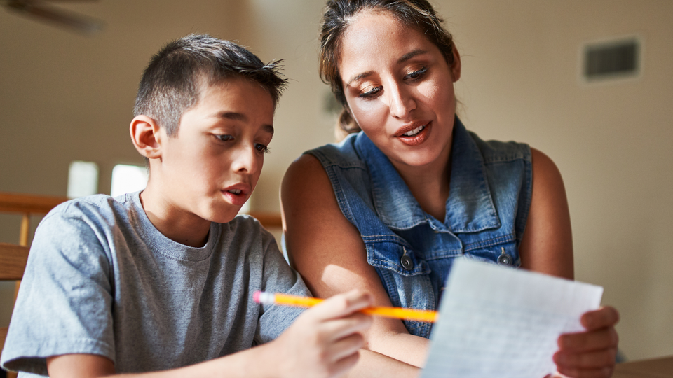 Mom and Son Doing Homework Together at Home