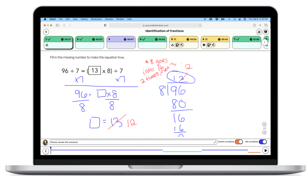 Thinkster Math Web App showing immediate corrections.