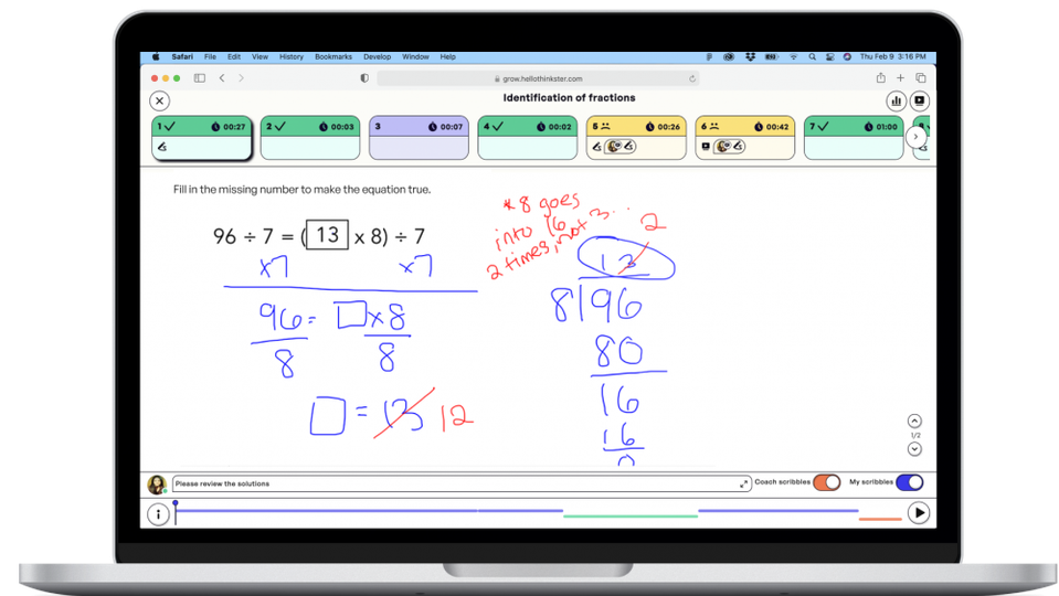 Thinkster Math Web App showing immediate corrections.