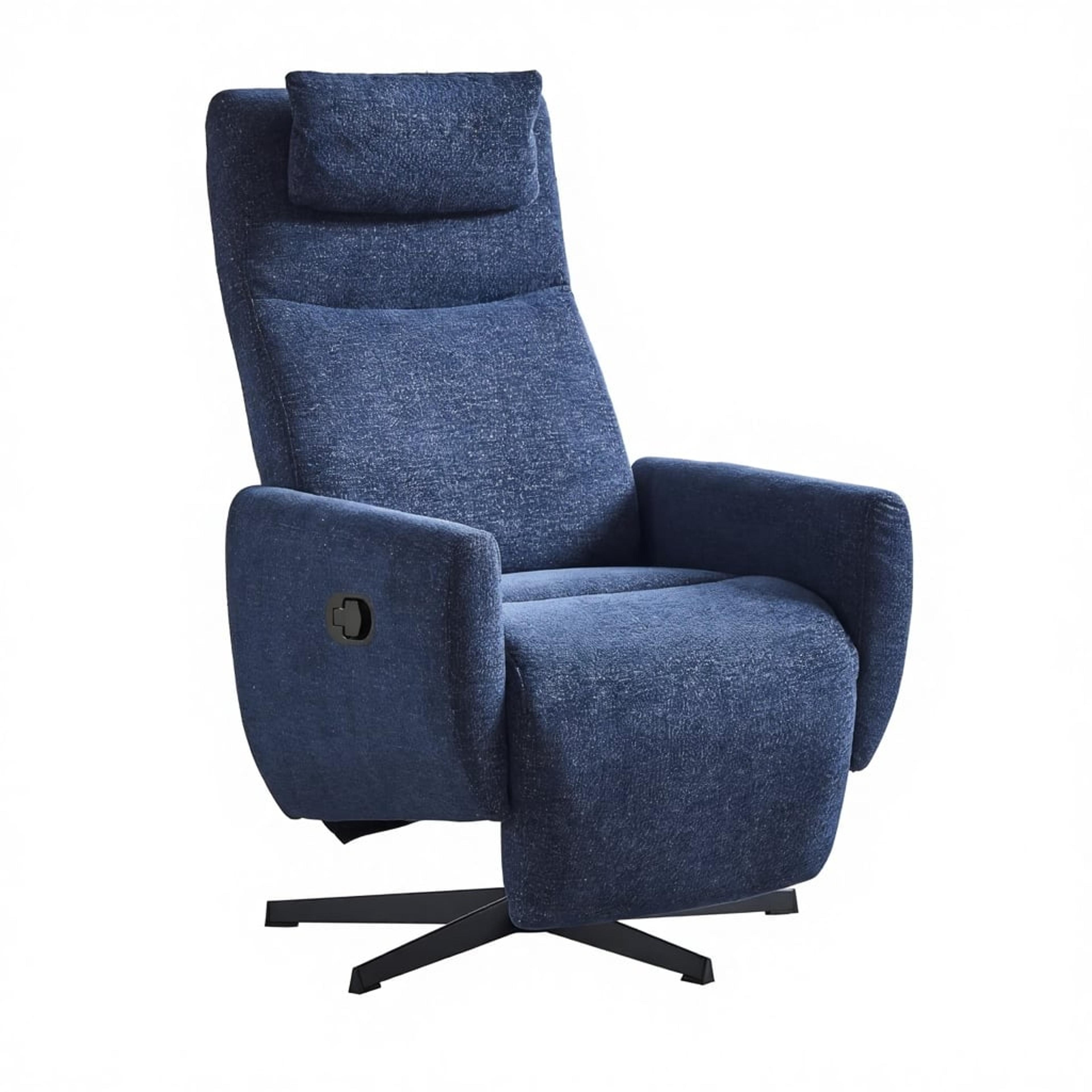 Blå recliner i chenilletyg med nackstöd och svart kryssfot