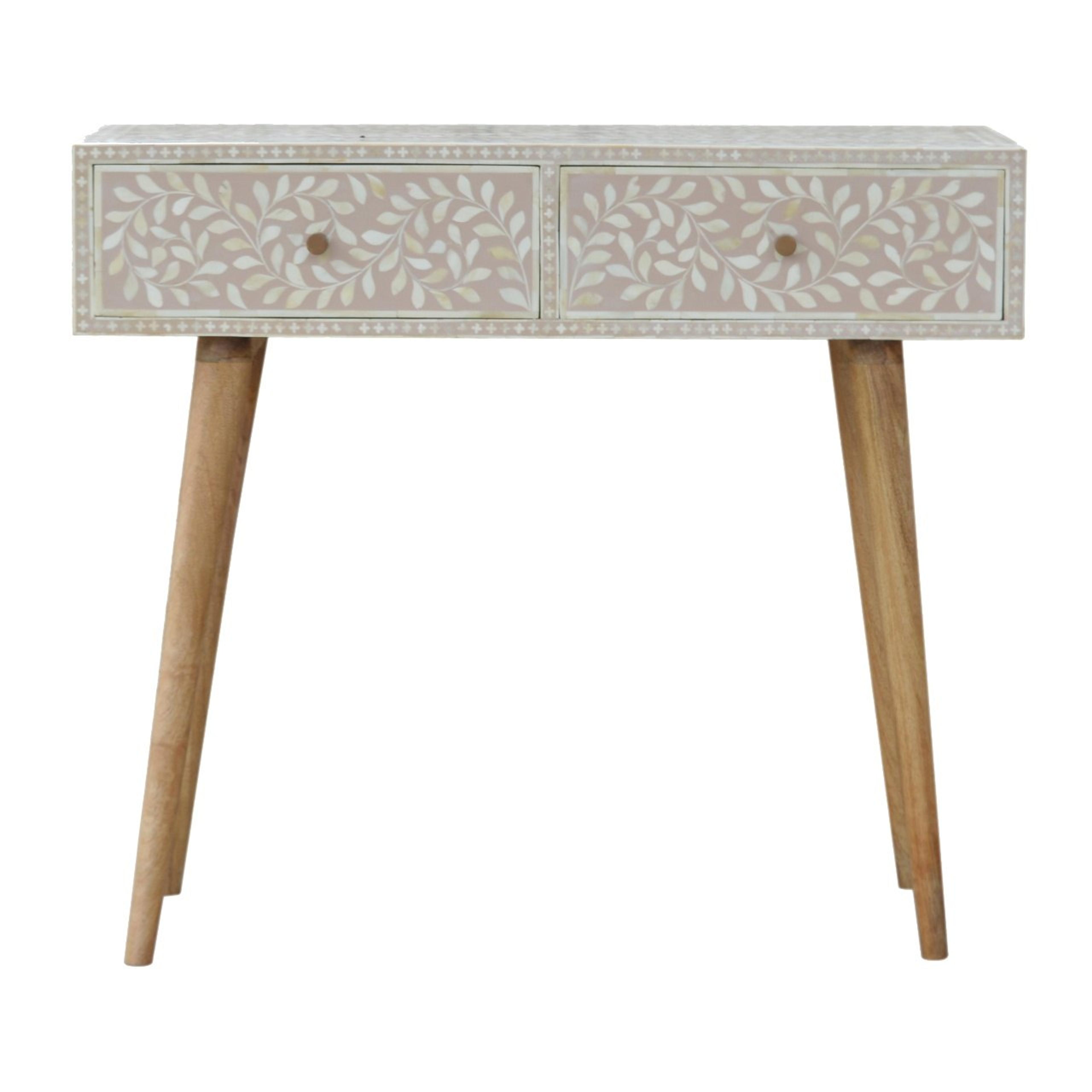 Konsolbord i ljust trä med två lådor dekorerade med blommig benintarsia i taupe