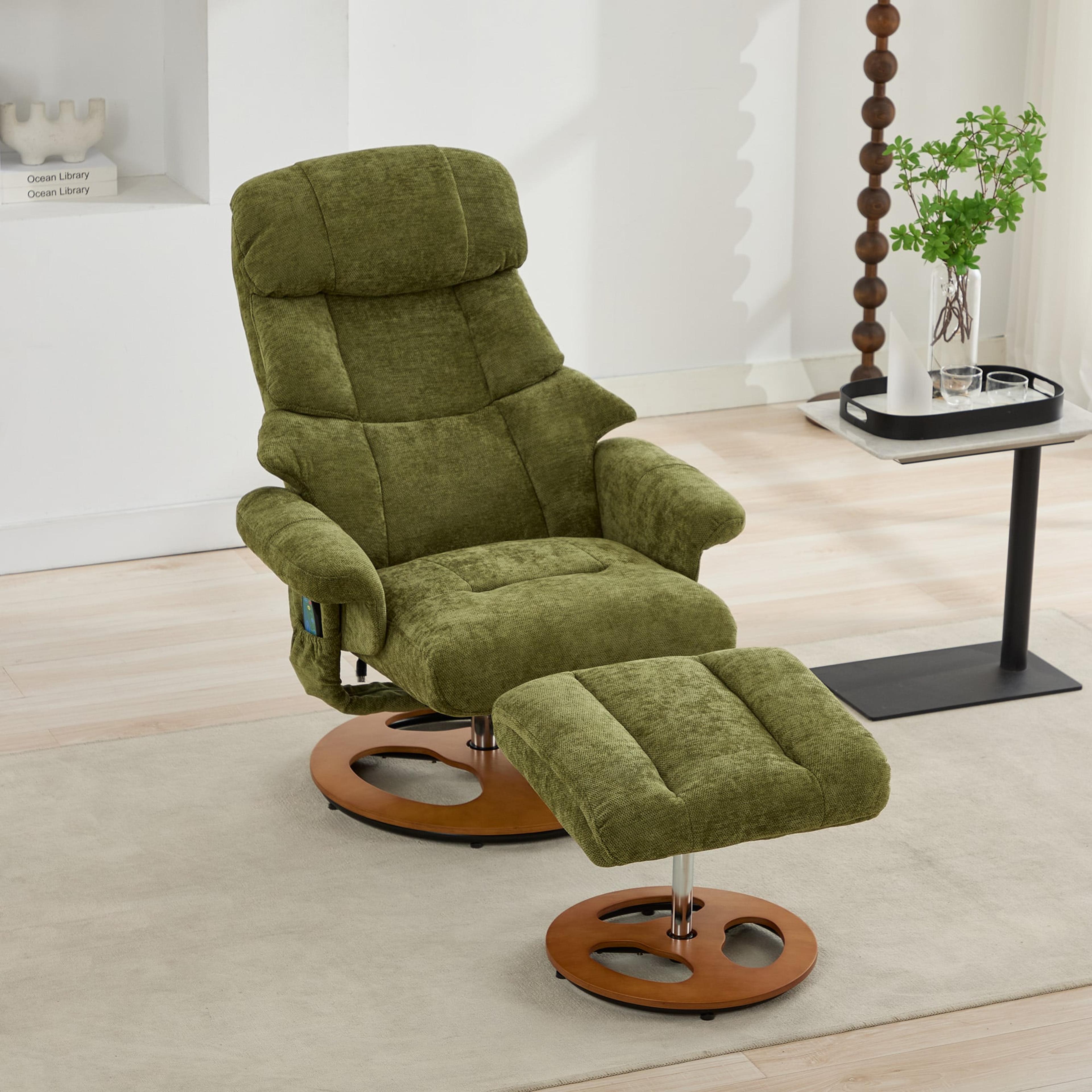 Vit recliner i chenilletyg med tillhörande fotpall och rund fot i trä
