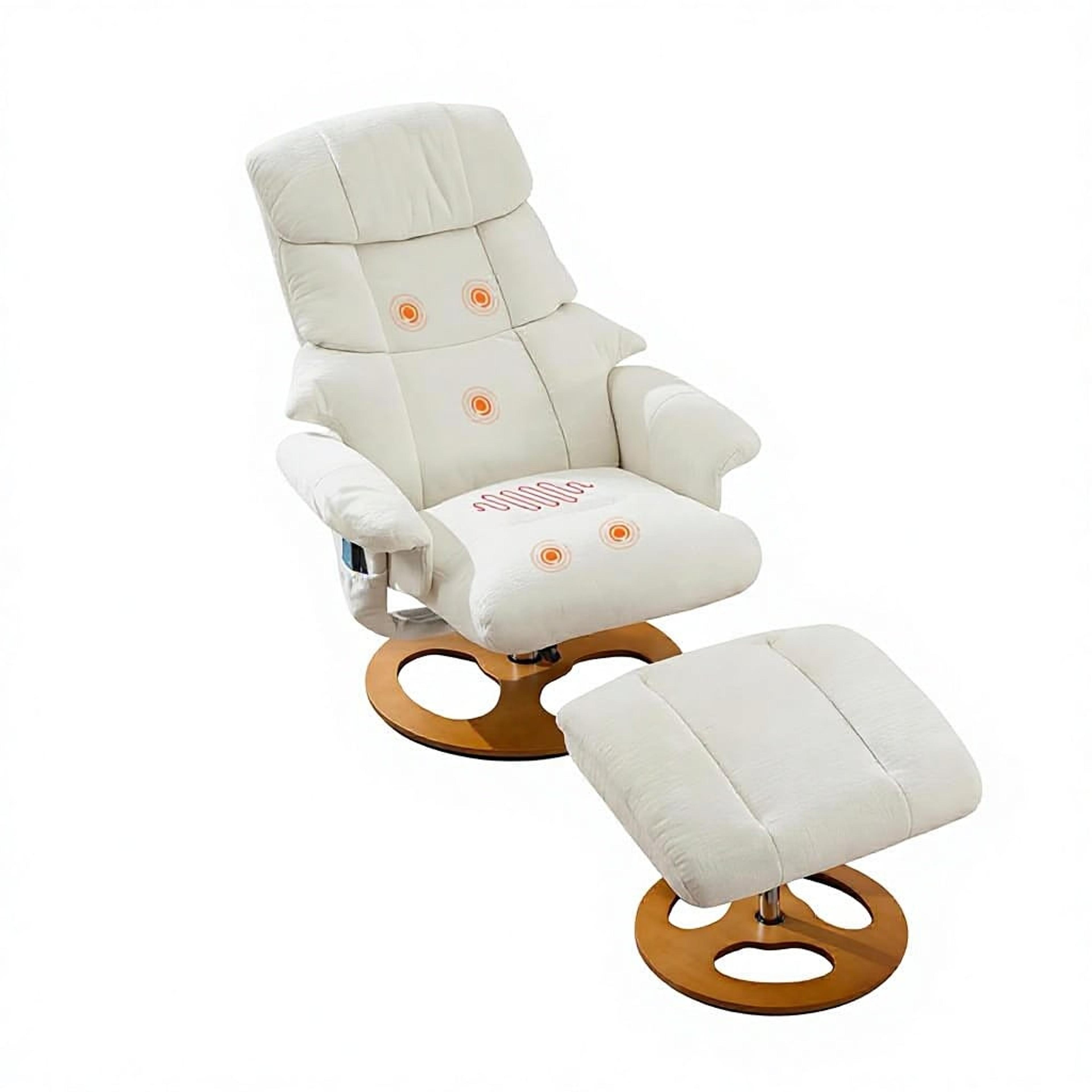 Vit recliner i chenilletyg med tillhörande fotpall och rund fot i trä