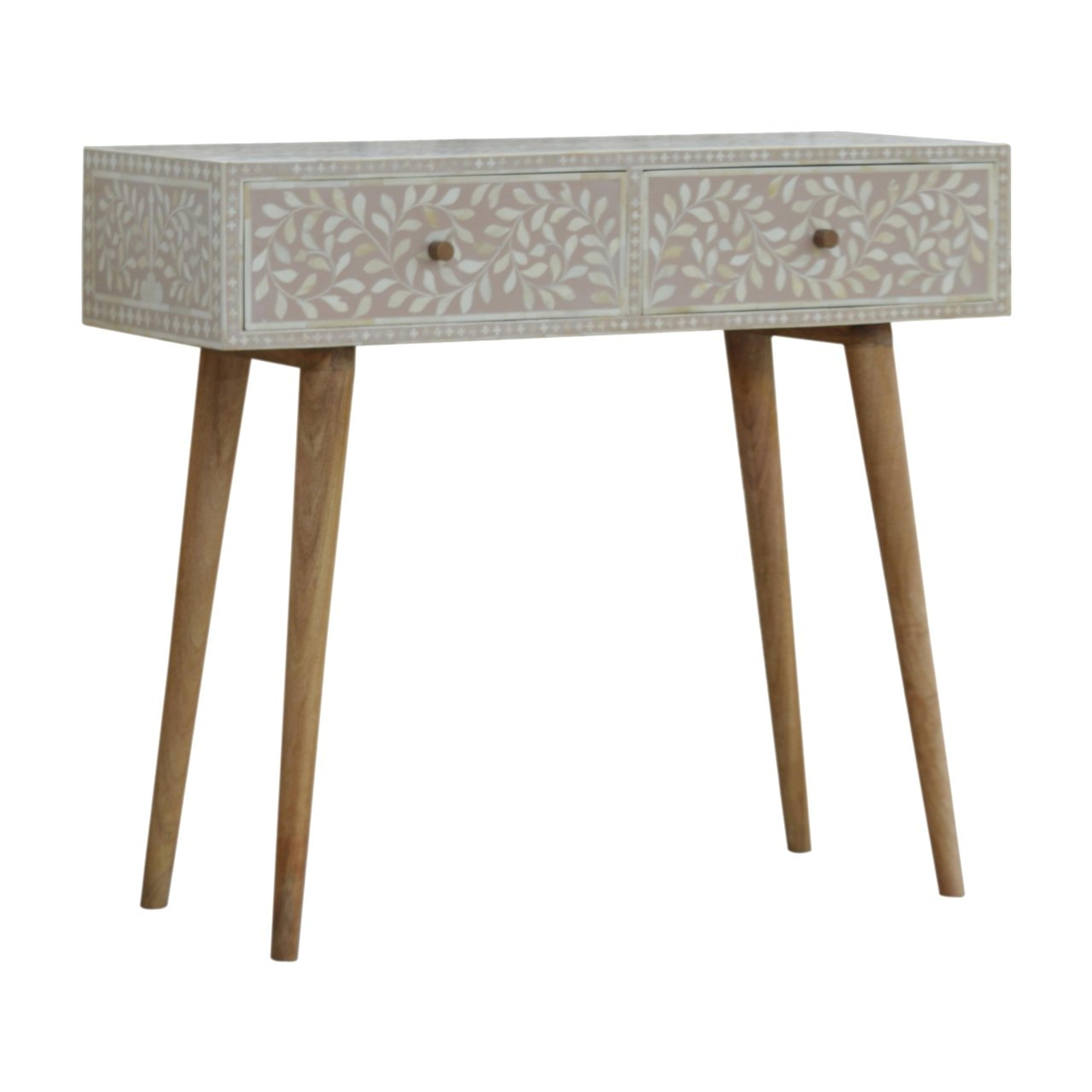 Konsolbord i ljust trä med två lådor dekorerade med blommig benintarsia i taupe