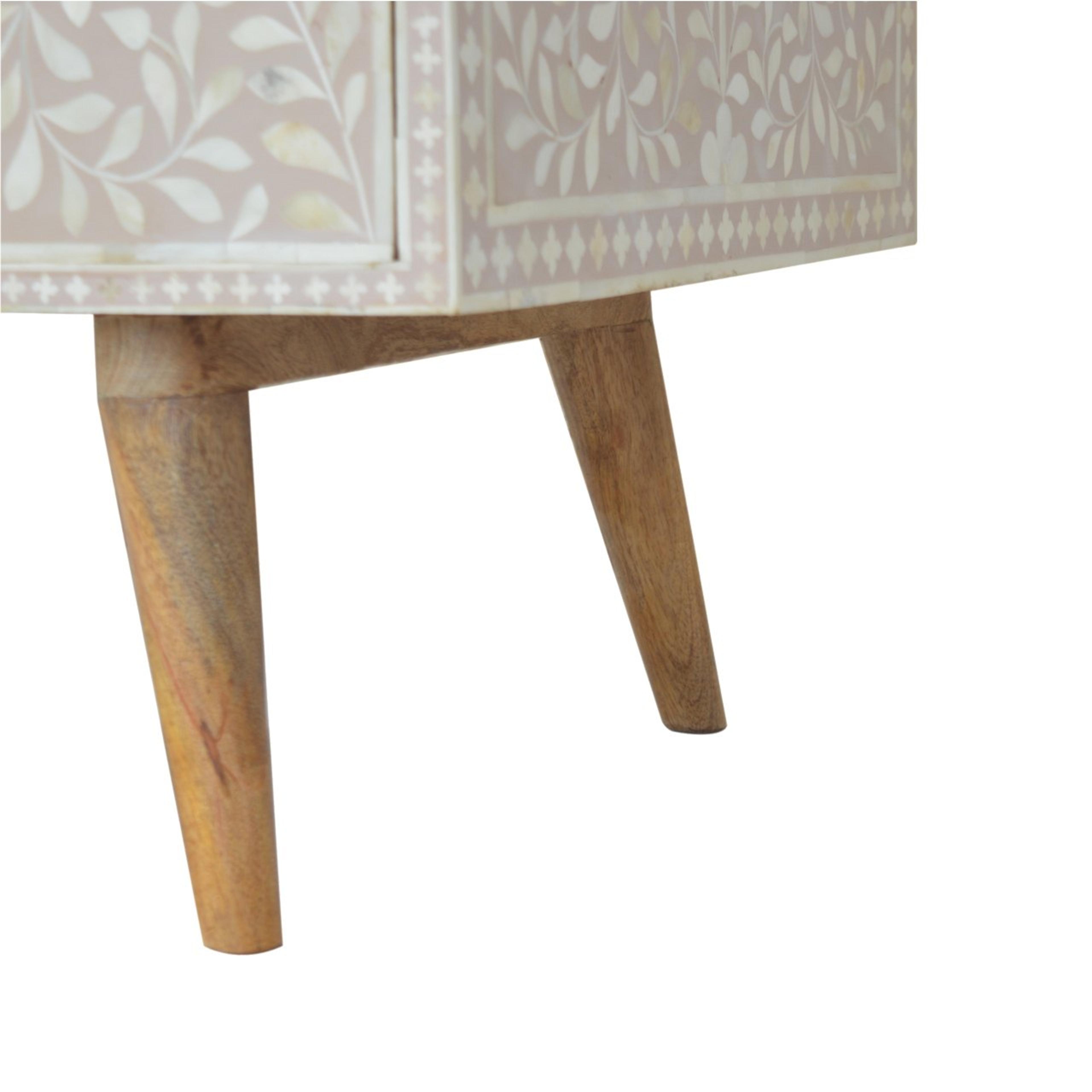 Rektangulärt soffbord i ljust trä med två lådor i blommig benintarsia i taupe
