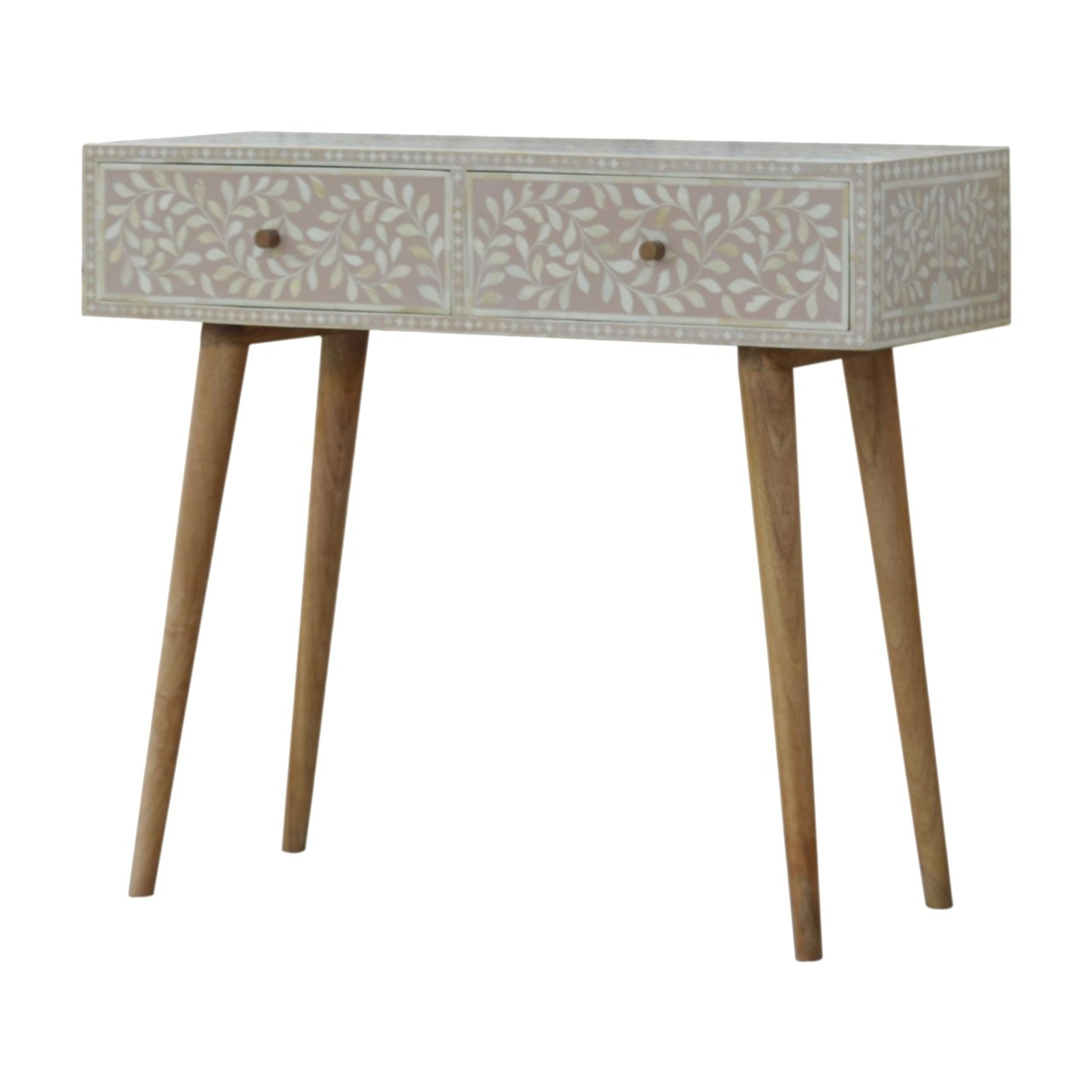 Konsolbord i ljust trä med två lådor dekorerade med blommig benintarsia i taupe