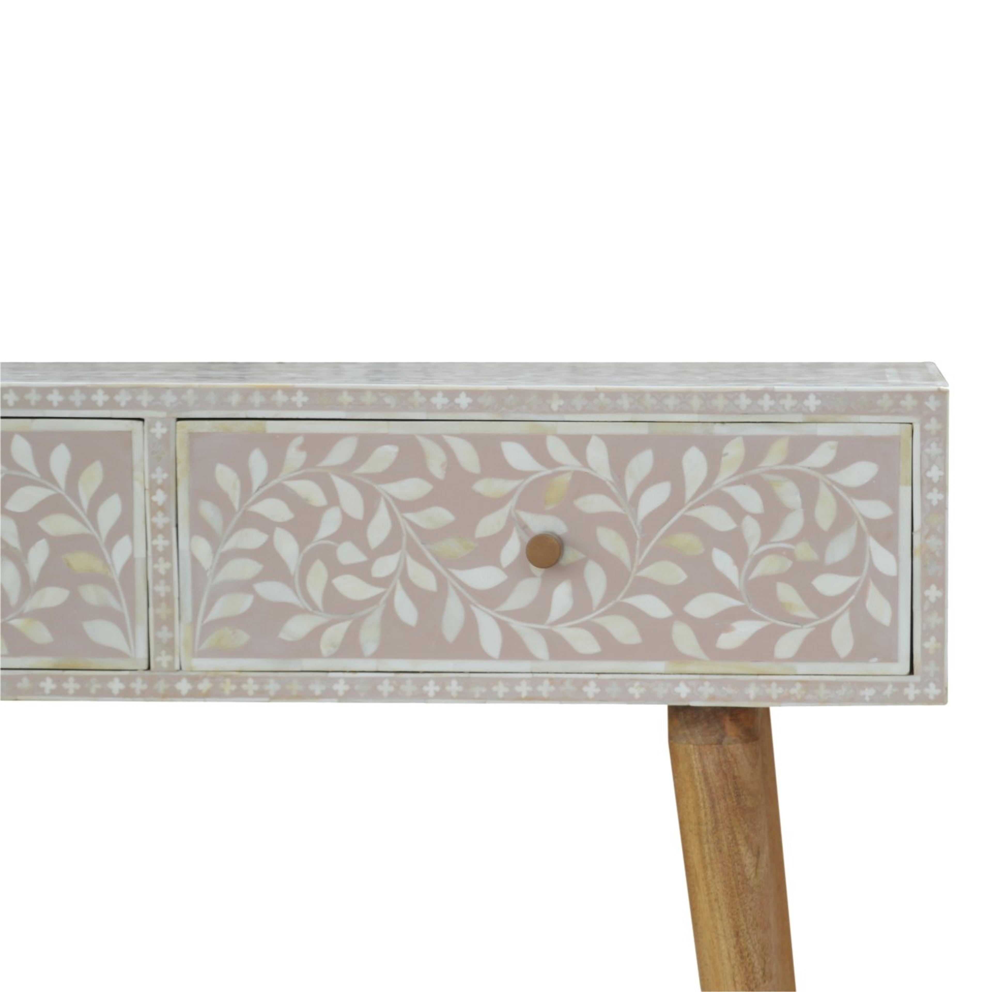 Konsolbord i ljust trä med två lådor dekorerade med blommig benintarsia i taupe