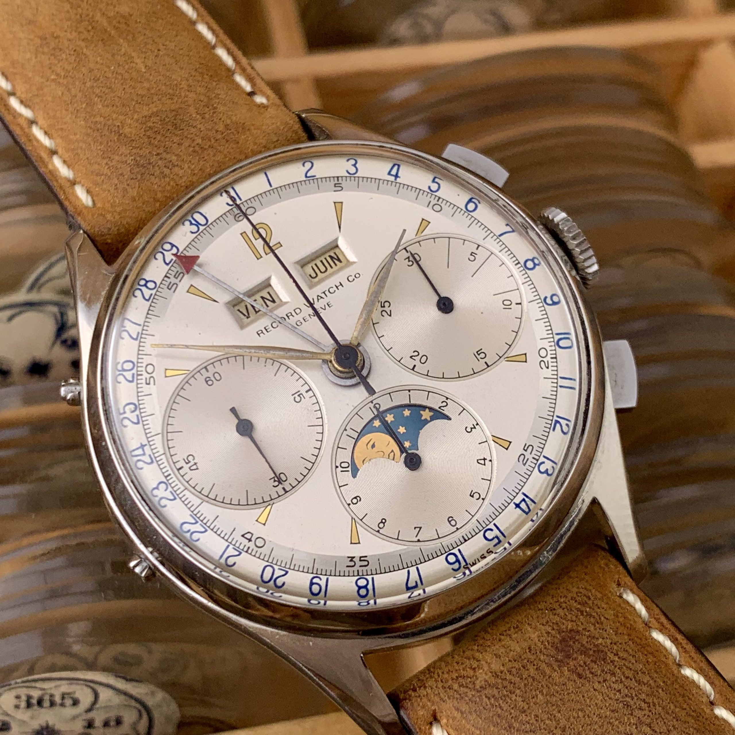 Record Watch & Co Rare Valjoux 88 Triple-Date Moonphase Chronograph