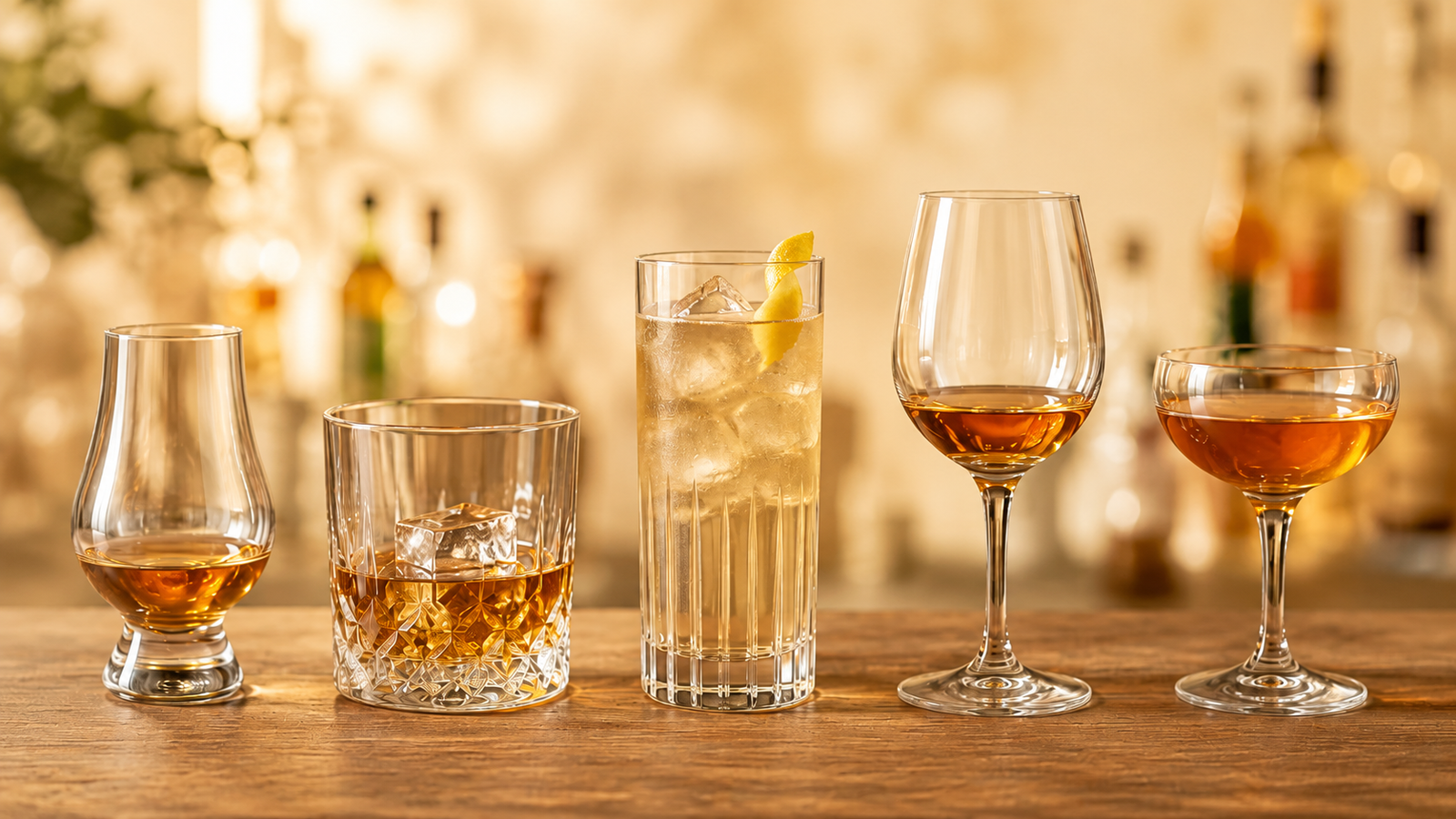 Five home-bar glass styles—a whiskey tasting glass, rocks glass, highball, wine glass, and coupe all lined up on a warmly lit wooden bar.