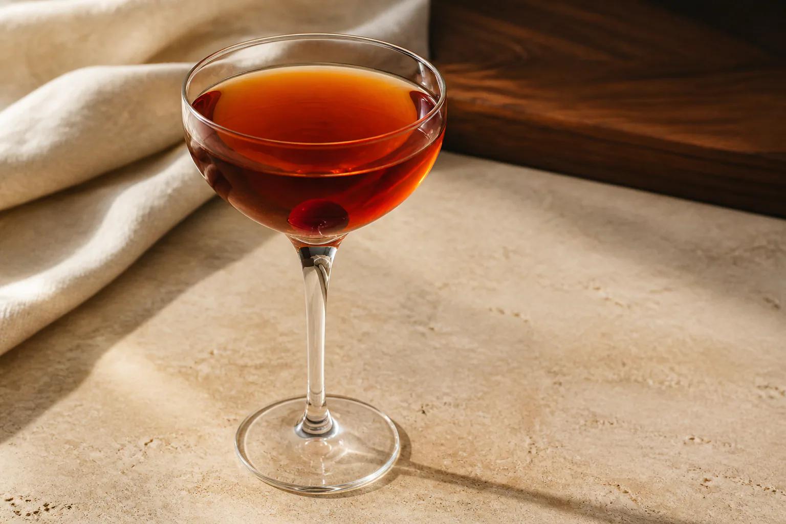 Deep amber-red Manhattan in a chilled stemmed glass with one cocktail cherry, lit softly from the side.