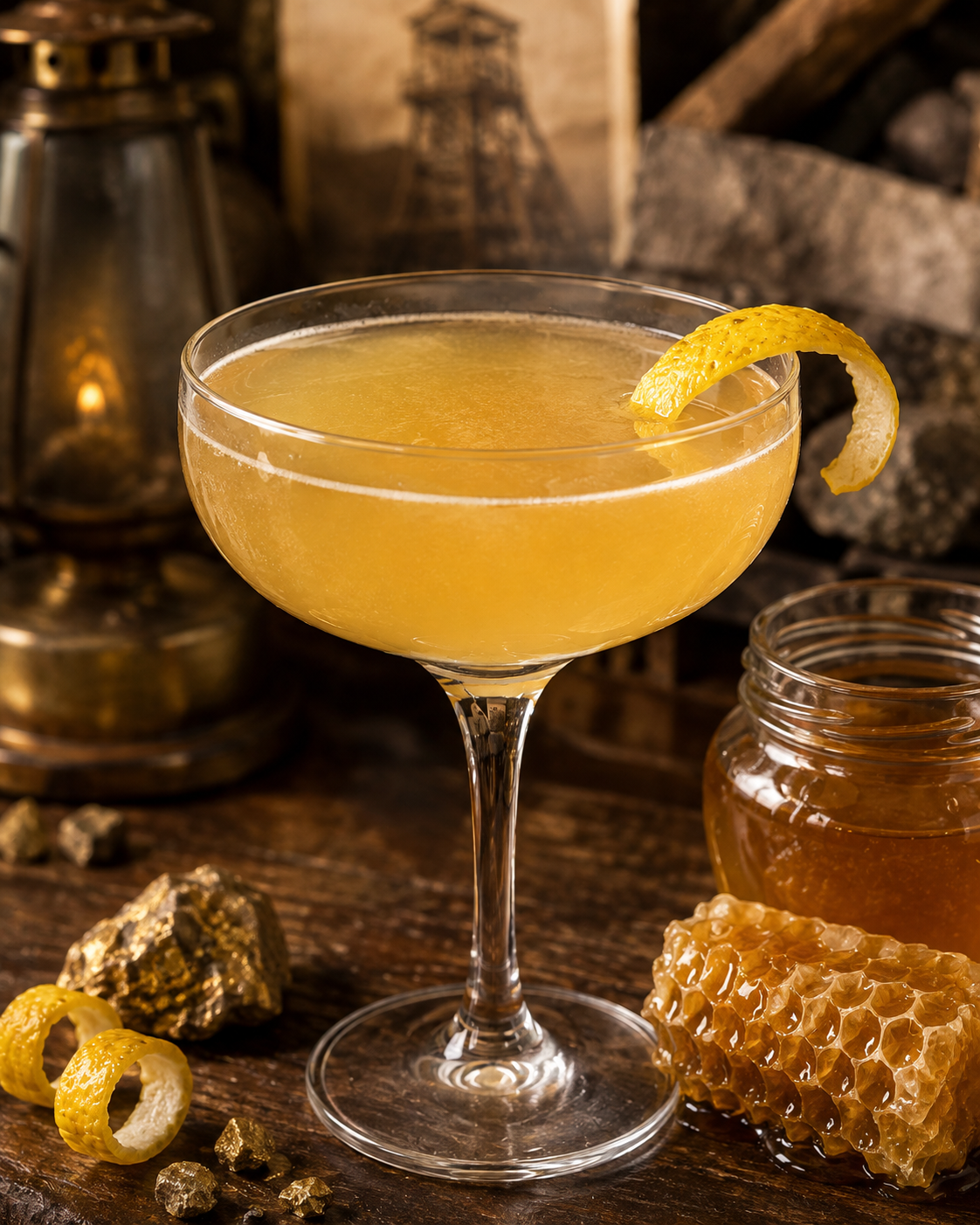 A golden whiskey cocktail served over ice