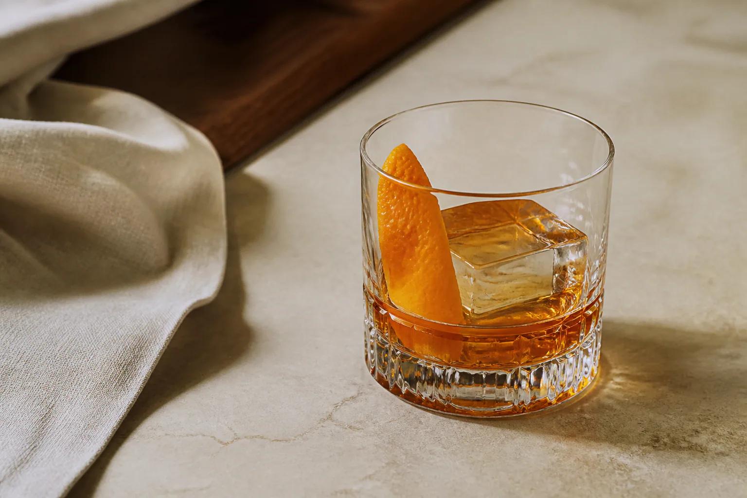 Amber Old Fashioned in a heavy clear rocks glass with one large cube and an orange peel on pale stone.