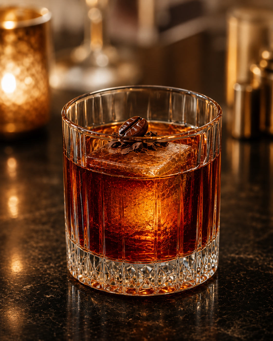 A dark coffee Old Fashioned finished with dark chocolate and a coffee bean