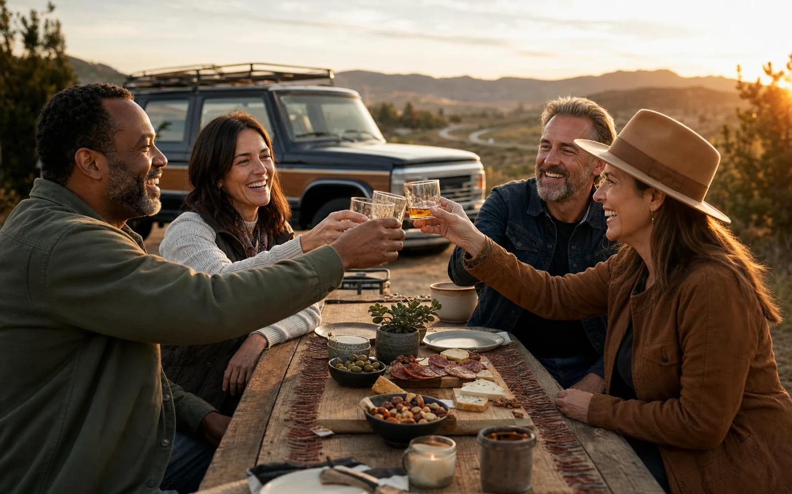 Four friends sharing food and raising whiskey glasses beside a mountain road at sunset