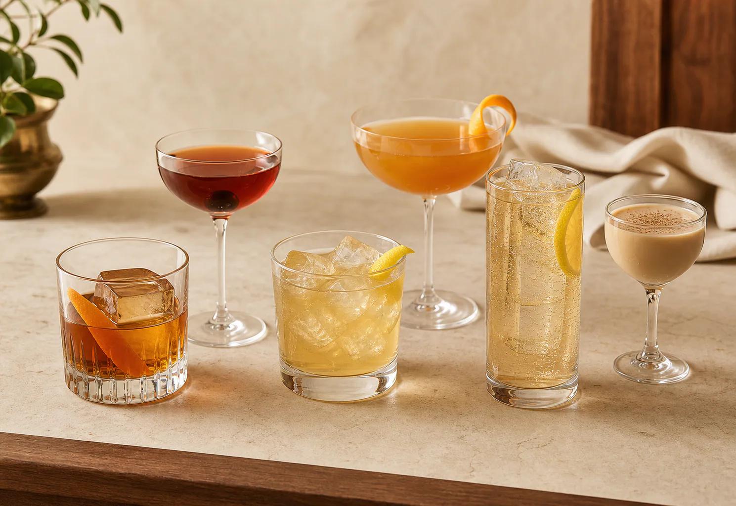 Six cocktails in rocks, coupe, highball, and small stemmed glasses arranged on pale stone in warm side light.