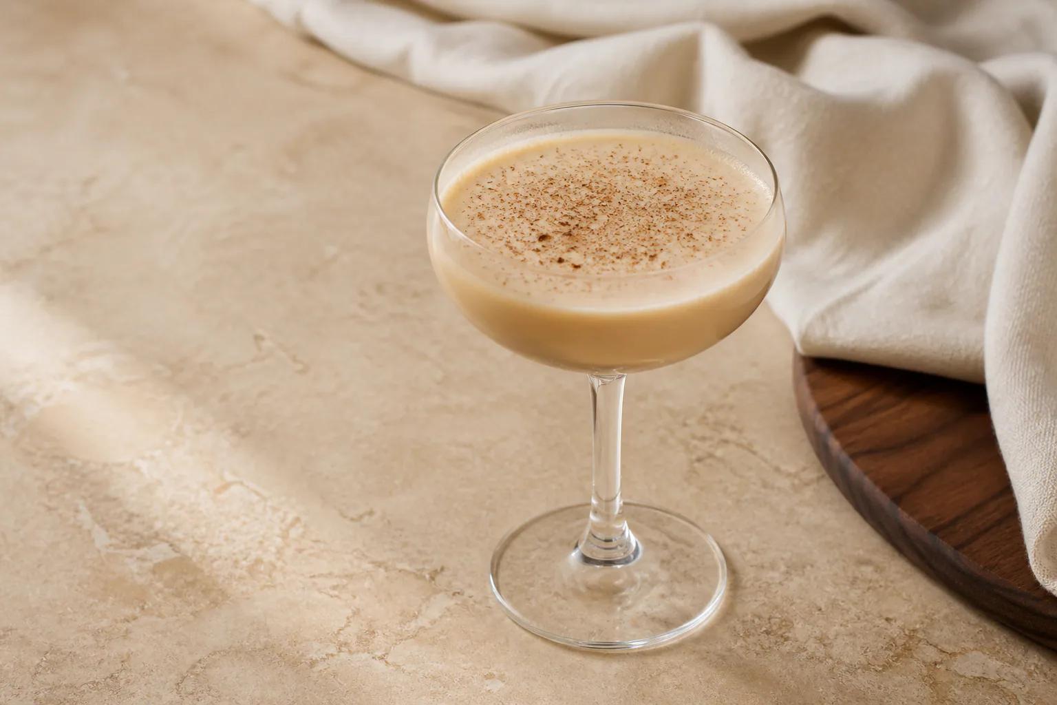 Creamy light-tan Brandy Flip in a small stemmed glass with a smooth surface and finely grated nutmeg.