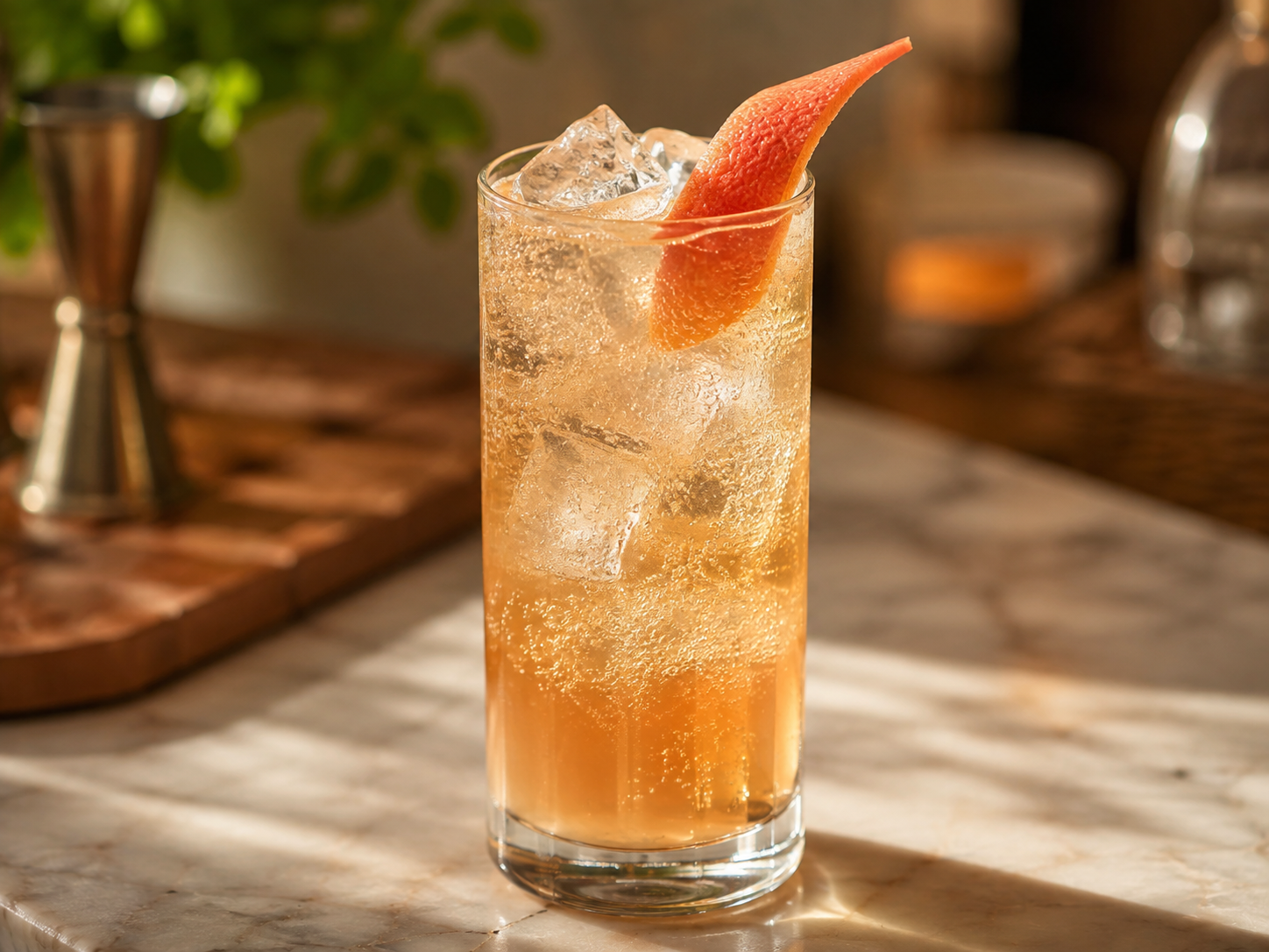 A tall zero-proof tea and citrus drink with a grapefruit garnish
