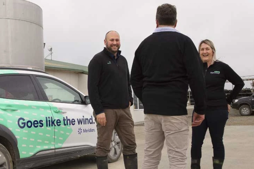 Image of three Meridian Energy staff members next to an EV fleet vehicle
