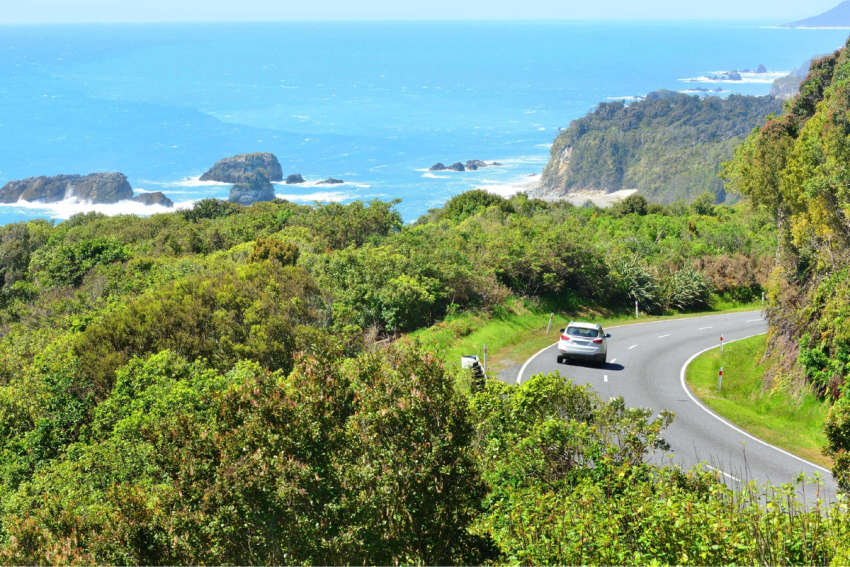 Meridian EV on South Island coastal highway