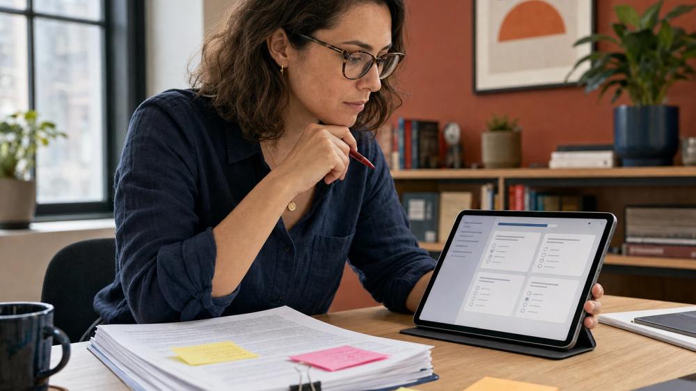 Instructional designer reviewing AI-generated quiz questions on a tablet beside a printed chapter manuscript