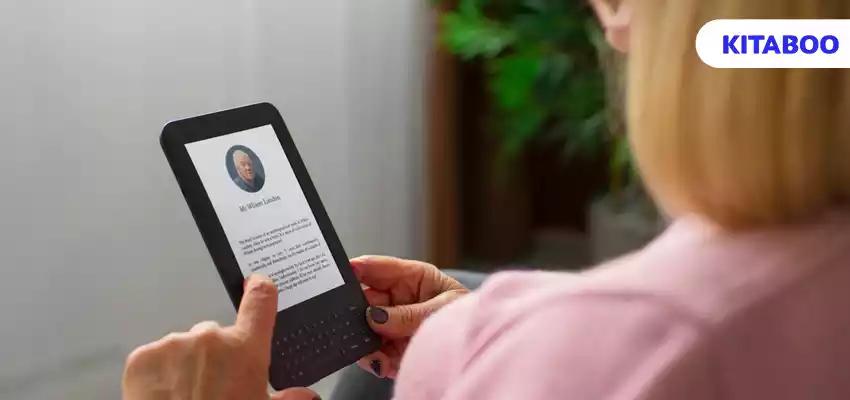 Side view woman with ebook reader blog